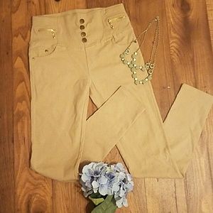 Tan  Stretch Jeans with gold zipper